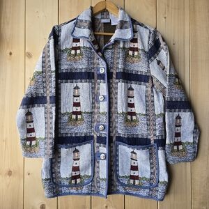 Vintage Blair Tapestry Nautical Lighthouse Button Up Jacket Womens